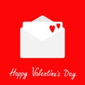 Envelope with two red hearts. Open paper letter. Happypy Valentines Day. Love greeting card. Decoration element. Flat design. Red Royalty Free Stock Photo