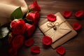 Envelope with Valentine\'s Day letter and roses on wooden background - Ai Generated