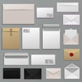 Envelope vector blank of letter on paper mailing to postal mailers address and postcard template illustration set of Royalty Free Stock Photo