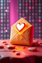 envelope with a white heart, amidst digital binary code and scattered elements, symbolizes a love message in a digital Royalty Free Stock Photo