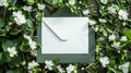 Envelope with white paper and spring flowers on the green grass.