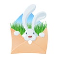 Envelope with white rabbit and green grass inside. Cute cartoon character. Easter and other holidays concept