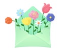Envelope with wild flowers inside. Lovely cute flower bouquet. Spring and summer holidays concept