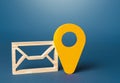 Envelope and yellow location symbol. Delivery of correspondence and documents. Communication, e-mail newsletter. Security and