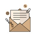 Open envelope with a clipped document. Official letter. Flat style illustration. Royalty Free Stock Photo