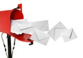 Envelopes flying out from red letter box on white background