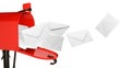 Envelopes flying out from red letter box on white background. Banner design