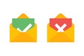 Envelopes with green checkmark and red cross. Approved letter. Rejectioned letter. Isolated elements. Notification symbols
