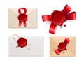 Envelopes seal wax. Realistic different postal paper envelopes, red empty stamps, satin ribbons and twine, greeting