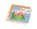 Envelopes stack with stamps and postcard from journey. Paper correspondence tied with string. Mail with post card and