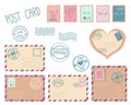 Envelopes, stamps, and stamps. Wedding and Valentine s Day stamp set. Vector Illustration. Love symbols. Royalty Free Stock Photo