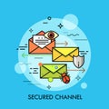 Envelopes surrounded by eye, shield symbol, insect and arrow. Royalty Free Stock Photo