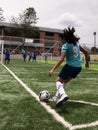 Envigado Colombia - 22 april 2023: Girl performing a corner kick during an international sports tournament