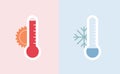 Enviroment issue and extreme weather concept. Vector flat icon illustration. Heat and cold wave color thermometer symbol isolated