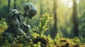 Environmen concept, Earth day, Robot hand holding tree on nature with green forrest blurred background