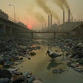 Urban industrial setting with pollution evident in a river choked with garbage Royalty Free Stock Photo