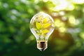 Environment card with light bulb with green leaves on green plante background