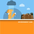 Environment care creative poster with cartoon flat fox and rain