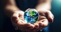 Environment Concept - Hands Holding Globe Glass. Generative AI Royalty Free Stock Photo