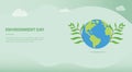 Environment day concept with big earth and green plant with team people and words for website template or landing homepage banner Royalty Free Stock Photo