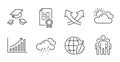 Environment day, Group and Throw hats icons set. Rainy weather, Sunny weather and Intersection arrows signs. Vector Royalty Free Stock Photo