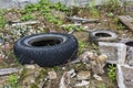 Environment and ecology. Car tires and construction debris dumped on the ground