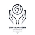 Environment and ecology concept. Hands holding planet Earth editable stroke outline icon isolated on white background flat vector Royalty Free Stock Photo