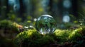 Glass Globe On Grass Moss In Forest - Green Planet With Abstract Bokeh Lights - Environmental Conservation Concept, generative ai Royalty Free Stock Photo