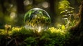 Environment. Glass Globe On Grass Moss In Forest - Green Planet With Abstract Defocused Bokeh Lights - Environmental Conservation Royalty Free Stock Photo