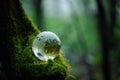 Environment. Glass globe on grass moss in forest, Green planet with abstract defocused bokeh lights, Environmental conservation