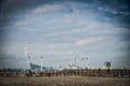 Environment issues and pollution: city 's skyline with smoking chimneys raises concern about pollution. Copenhagen, Denmark Royalty Free Stock Photo