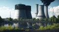 environment, nuclear power station landscape with big chimneys. Royalty Free Stock Photo