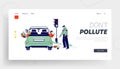 Environment Pollution Landing Page Template. Male Characters Throw Garbage through Car Windows Policeman Ask to Clean Up