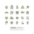 Environment, renewable energy, sustainable technology, recycling, ecology solutions. Icons for website, mobile app design, electri