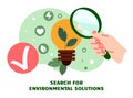 Environment solution search. Idea lamp. Hand with magnifier. Ecology problem solving. Earth protection. Environmental Royalty Free Stock Photo