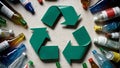 Recycle sign made out of sturdy plastic surrounded by a variety of empty plastic bottles of different shapes sizes and colors