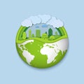 Environment world with eco green city. Earth day concept. Paper cut planet with nature life. Origami friendly environmental town Royalty Free Stock Photo