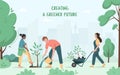 Environmental care poster. People planting trees, seedings in city park. Environmental care and volunteerism concept. Engage for a