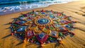 Environmental Concept: Colorful Microplastic Sand Mandala near Ocean Waves Royalty Free Stock Photo