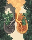 Environmental concept with lungs symbolizing air pollution and greenery in a dramatic comparison Royalty Free Stock Photo