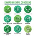 Environmental concerns icon set with lightbulb, hand holding lea