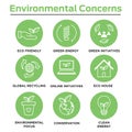 Environmental concerns icon set with lightbulb, hand holding lea