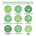 Environmental concerns icon set with lightbulb, hand holding lea