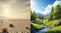 Environmental Contrast: Arid Desert vs. Lush Green Valley Royalty Free Stock Photo