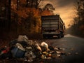 Truck Passing By Littered Garbage on a Misty Forest Road during Autumn. Generative Ai