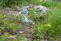 Environmental disaster, garbage dump of plastic and glass utensils in a meadow of blooming wild strawberries Royalty Free Stock Photo