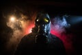 Gas mask with clouds of smoke on a dark background. Sign of radioactive contamination. Means for radiation protection. Danger of Royalty Free Stock Photo