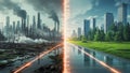 Environmental evolution transforming polluted industrial landscape into sustainable green city Royalty Free Stock Photo