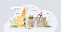 Environmental friendly packaging for shopping and grocery tiny person concept