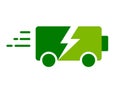 Battery vehicle concept. Green battery with wheels. Electric car with lightning bolt symbol.